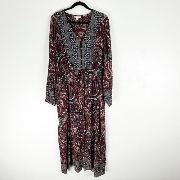 KNOX ROSE Night Sky Paisley Print Long Sleeves V-Neck Maxi Dress, Size Large - Picture 1 of 9
